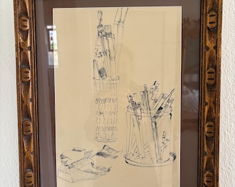 Ink Drawing of Artist Items in Vintage Frame