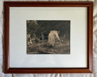 1890 Signed Etching entitled “Faithful Hearts” by noted artist Charles Oliver Murray in wood frame