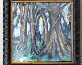 Vibrant Pastel Landscape in Vintage Leaf Motif Frame