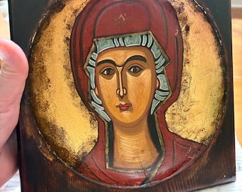 Handpainted Orthodox Byzantine icon on Indented Wood