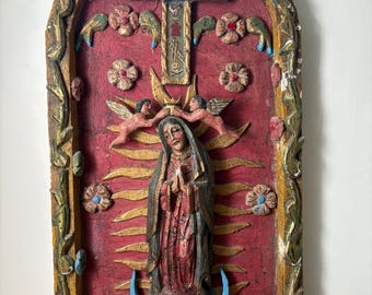 Massive Vintage Plaster Folk Art Our Lady of Guadalupe Santos Shrine (FREE SHIPPING)