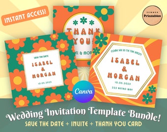 Retro Wedding Invitation Bundle, Groovy 70s Canva Template