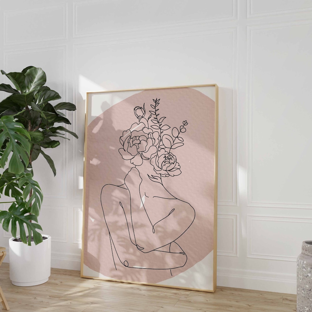 Female Floral Line Art Print, Boho Minimalist Decor (digital Download ...