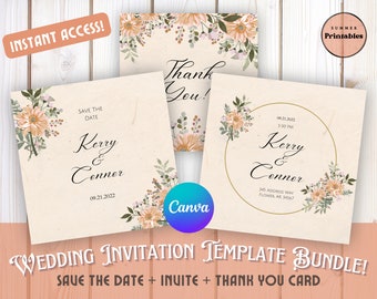 Minimalist Floral Wedding Invitation Template, Editable Canva Bundle