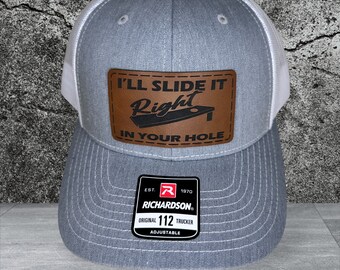 Slide it right in your hole. Baggo. Richardson 112 trucker hat with leather patch.