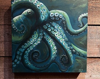 Octopus in Teal 10”x 10”x 1.5” on a stretched wrapped canvas. Original hand painted and signed by artist.