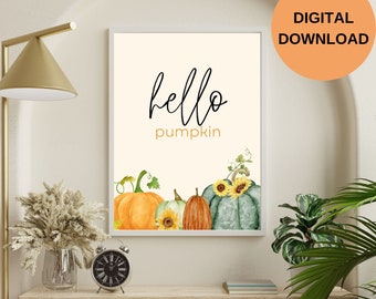 Pumpkin Print Fall Decor, Pumpkin Printable Wall Art, Pumpkin Watercolor Painting, Hello Fall Wall Art