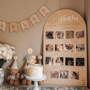 Arco de fotos de mi primer año ~ 15 fotos cuadradas de 4'' x 4'' ~ Tablero de recuerdos de los primeros 12 meses del bebé ~ Hermosa decoración de cumpleaños