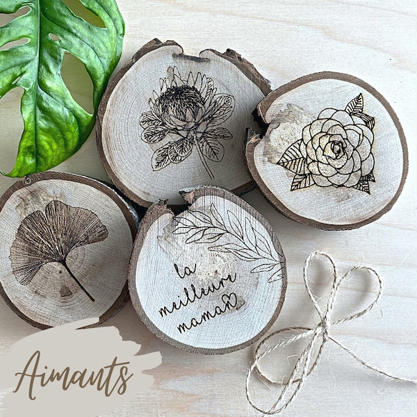 AIMANTS rustiques en BOIS gravé | Cadeau de fête des MÈRES | Magnets Engraved Wood rounds for Mother's Day | Personnalisable | Customizable