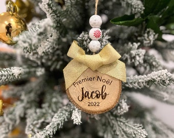 Decorative wooden CHRISTMAS log - PERSONALIZED - Baby, Child, Animal - Custom X-Mas wood ornament with beads