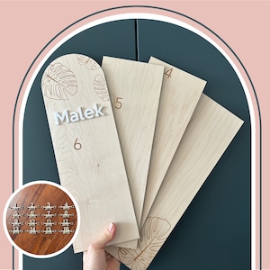 ÉCHELLE / Toise de croissance en BOIS gravée au laser ~ PERSONNALISÉE avec gravure prénom ~ Feuilles & fleurs
