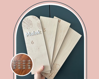 LADDER / Laser engraved WOODEN growth chart ~ PERSONALIZED with first name engraving ~ Leaves & flowers, monstera, eucalyptus, wheat