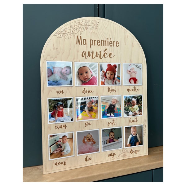 Affiche en bois pour photos 1re année de bébé - Arche pour premier anniversaire - Photos 4''x4''