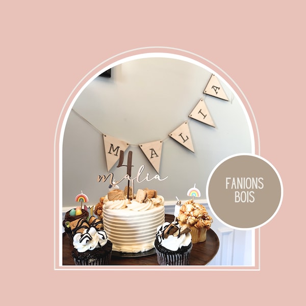 Fanions personnalisés en bois avec lettres découpées au laser - Custom wood pennants with laser-cutout letters