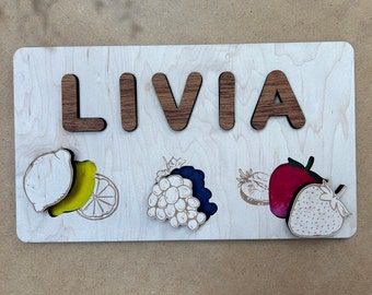 Personalized wooden PUZZLE ~ FRUIT theme ~ EDUCATIONAL and decorative toy | First name puzzle for learning letters | for 1 to 3 years