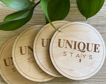 Personalized WOODEN COASTERS - Logo or message of your choice - Maple ~ Mahogany ~ Walnut ~ Oak