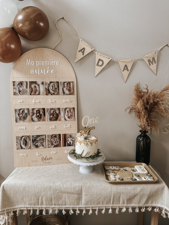 Affiche en bois pour photos bébé ~ Ma Première année ~ 12 photos 4x6 ~ Arche souvenir pour premier anniversaire ~ Mon année en photos