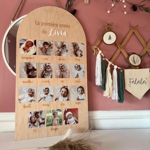 Póster de madera para fotos del 1er año del bebé Título personalizado 15 fotos 4x4 Primer cumpleaños Recuerdo y fiesta infantil Érable+eucalyptus