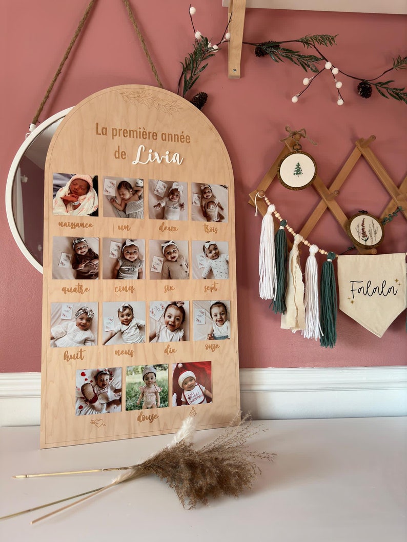 Póster de madera para fotos del 1er año del bebé Título personalizado 15 fotos 4x4 Primer cumpleaños Recuerdo y fiesta infantil Érable+eucalyptus