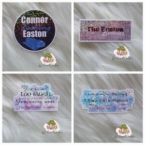 May include: A collection of four glittery stickers with various designs and text. One sticker reads "Connor Fucking Easton" with a blueprint graphic. Another says "The Easton Brothers." The other two have quotes.