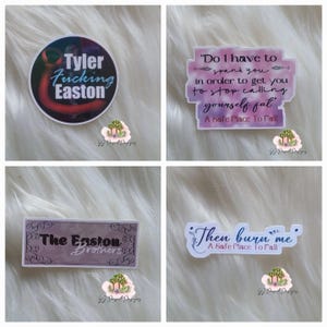 May include: Four stickers with text on a white fluffy surface. One sticker says "Tyler Fucking Easton" in white and blue on a black and red background. Another says "Do I have to spank you in order to get you to stop calling yourself fat". The third says "The Easton Brothers". The fourth says "Then burn me".