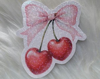 Cherry Coquette Bow Dot vinyl adhesive Sticker red and pink