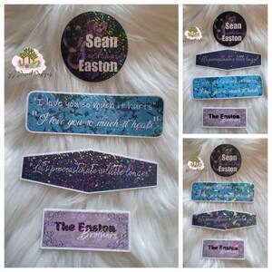 May include: A collection of stickers with various designs and text. One sticker is round with the name "Sean Easton" in white. Other stickers have phrases like "I love you so much it hurts" and "Let's procrastinate a little longer."