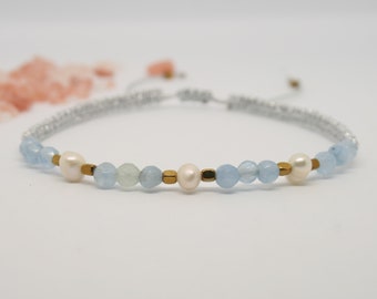 Aquamarine, Pearl, Hematite Gemstone Bracelet, 100% Genuine, Natural, Handmade Gift For Her