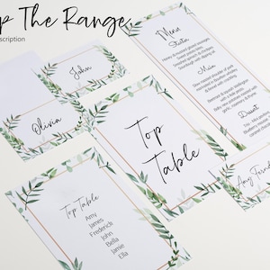 May include: A set of printable wedding table cards with a leafy green and gold design. The cards include a top table card with a list of names, individual place cards, and a menu card with a list of food options.