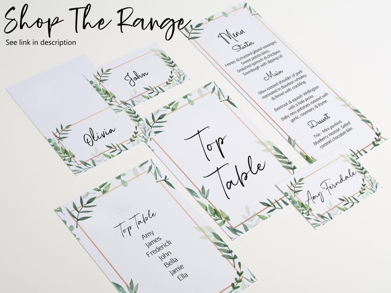 May include: A set of printable wedding table cards with a leafy green and gold design. The cards include a top table card with a list of names, individual place cards, and a menu card with a list of food options.