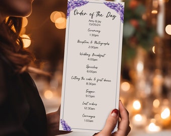 May include: A wedding day order of events schedule with purple flowers. The schedule includes the ceremony, reception, wedding breakfast, speeches, cutting the cake and first dance, supper, last orders, and carriages. The date is 15/05/24.
