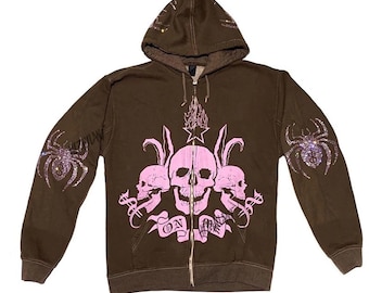 Y2K Skull Spider Oversized Rhinestone Zip up Hoodie y2k Clothing