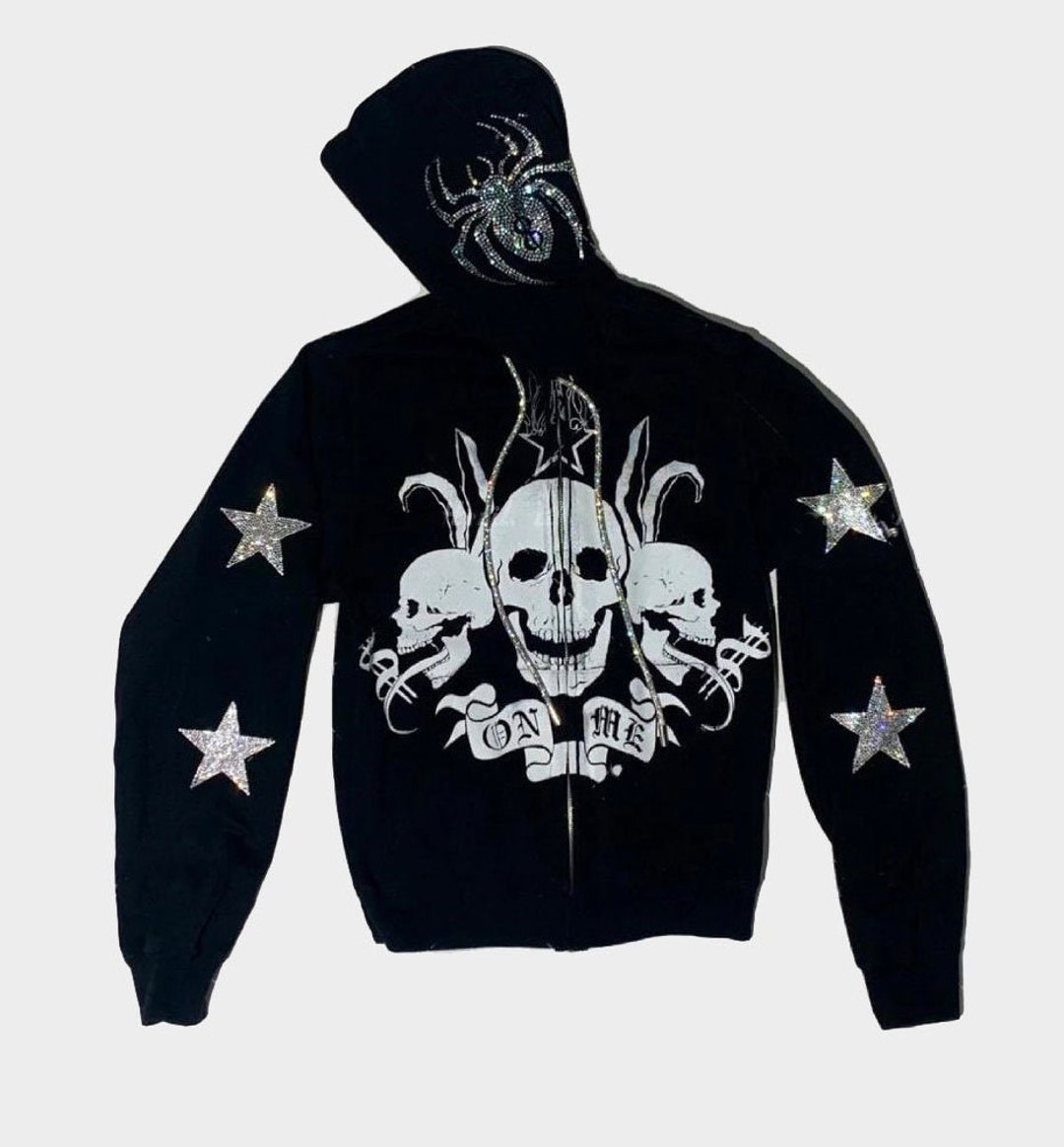 Y2K Skull Spider Oversized Rhinestone Zip up Hoodie/y2k Clothing Y2K Skull Spider Oversized Rhinestone Zip up Hoodie/y2k Clothing