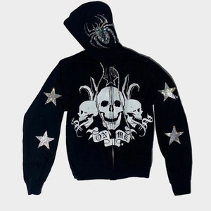 Y2K Skull spider Oversized Rhinestone Zip Up Hoodie/Y2k Clothing/Y2K Hoodie ,Oversized Y2K Hoodie, Streetwear