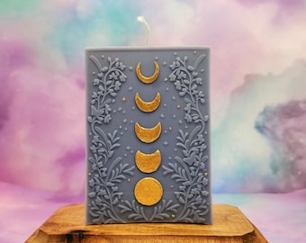 Magic Moon Phase and Flower Candle, Hand Painted Gold