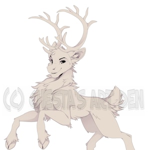 May include: A digital illustration of a reindeer in a leaping pose. The reindeer is depicted in a light beige color with detailed fur and large antlers. The artwork has a cartoonish style, with a friendly expression on the reindeer's face.