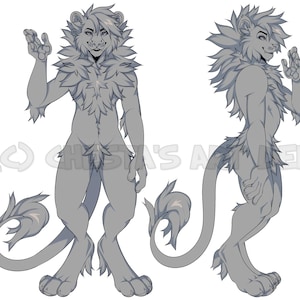 May include: A line art illustration of a lion with a fluffy mane. The lion is shown in two poses, one standing and one sitting. The illustration is in shades of gray.