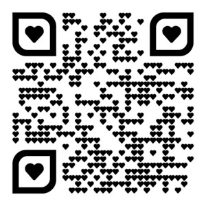 May include: Black and white QR code made up of small hearts. The code is surrounded by three black and white heart shapes.