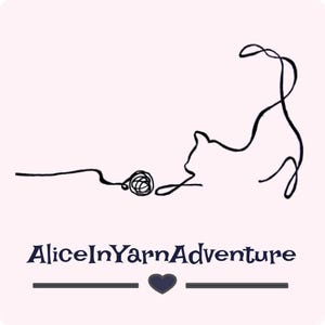 May include: A black and white line drawing of a cat playing with a ball of yarn. The text "AliceInYarnAdventure" is below the image, with a heart symbol and a line.