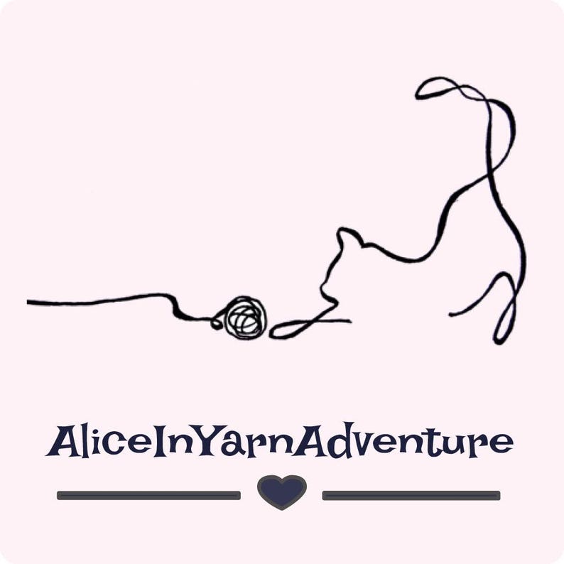 May include: A black and white line drawing of a cat playing with a ball of yarn. The text "AliceInYarnAdventure" is below the image, with a heart symbol and a line.