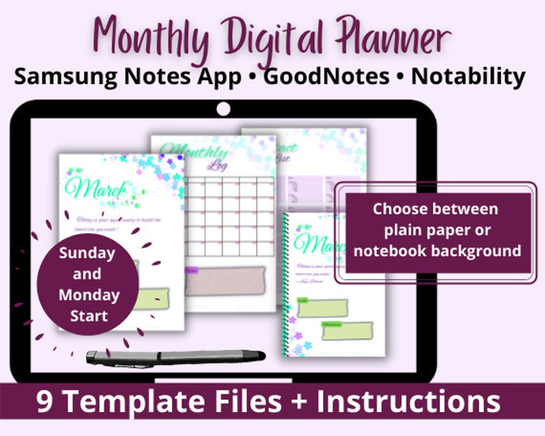 Samsung Notes Undated Digital Monthly Planner Goodnotes and Notability
