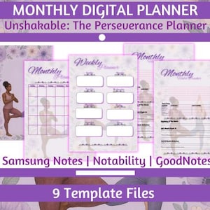 May include: Digital planner with a purple and floral design. The planner includes monthly and weekly templates, with the text "Monthly Digital Planner" and "Unshakable: The Perseverance Planner." The planner is compatible with Samsung Notes, Notability, and GoodNotes. The image shows 9 template files.