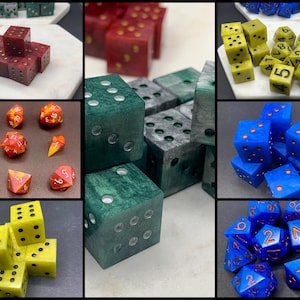 May include: A collection of colorful dice with different numbers and patterns. The dice are made of various materials, including resin, wood, and metal. Some of the dice are translucent, while others are opaque. The dice are arranged in a variety of ways, including stacks, rows, and clusters.