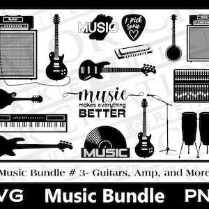 Puede incluir: Un conjunto de ilustraciones digitales en blanco y negro con temática musical, que incluye guitarras, un amplificador, una mesa de mezclas, un banjo, una mandolina, un teclado y texto que dice "La música lo hace todo mejor".