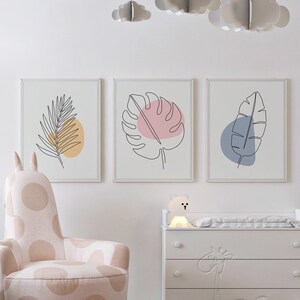 Line Art Botanische Wandkunst 3er Set Poster, Monstera Blätter One Line Art Tropical Printable, Monstera Blatt Druck, Moderne Linien Zeichnung