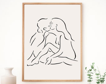 Kissing Couple Line Art Print, Minimalist Romantic Home Decor (Digital Download)