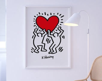 キース・ヘリング展ポスター、ポップアートラブハートプリント、デジタルダウンロード、インテリアハートホームデコレーション、キース・ヘリングラブ、ポップアートラブプリント