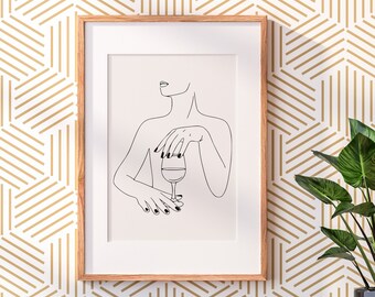 Lámina decorativa con diseño de copa de vino y manos de mujer, ideal para la decoración de la pared de la cocina (descarga digital).