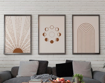 Boho Sun Moon Rainbow Print Set, Bohemian Wall Art (Digital Download)