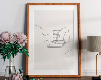 Woman Reading Line Art Print, Wine Glass, Minimalist Wall Decor (Digital Download)